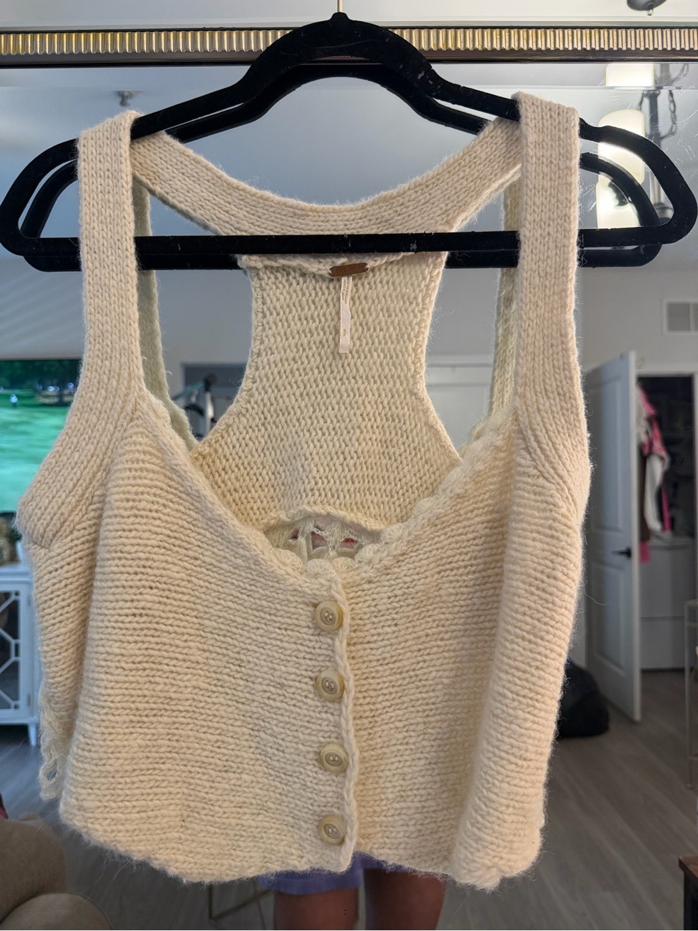 Free People Cream Knit Button Front Cropped Tank